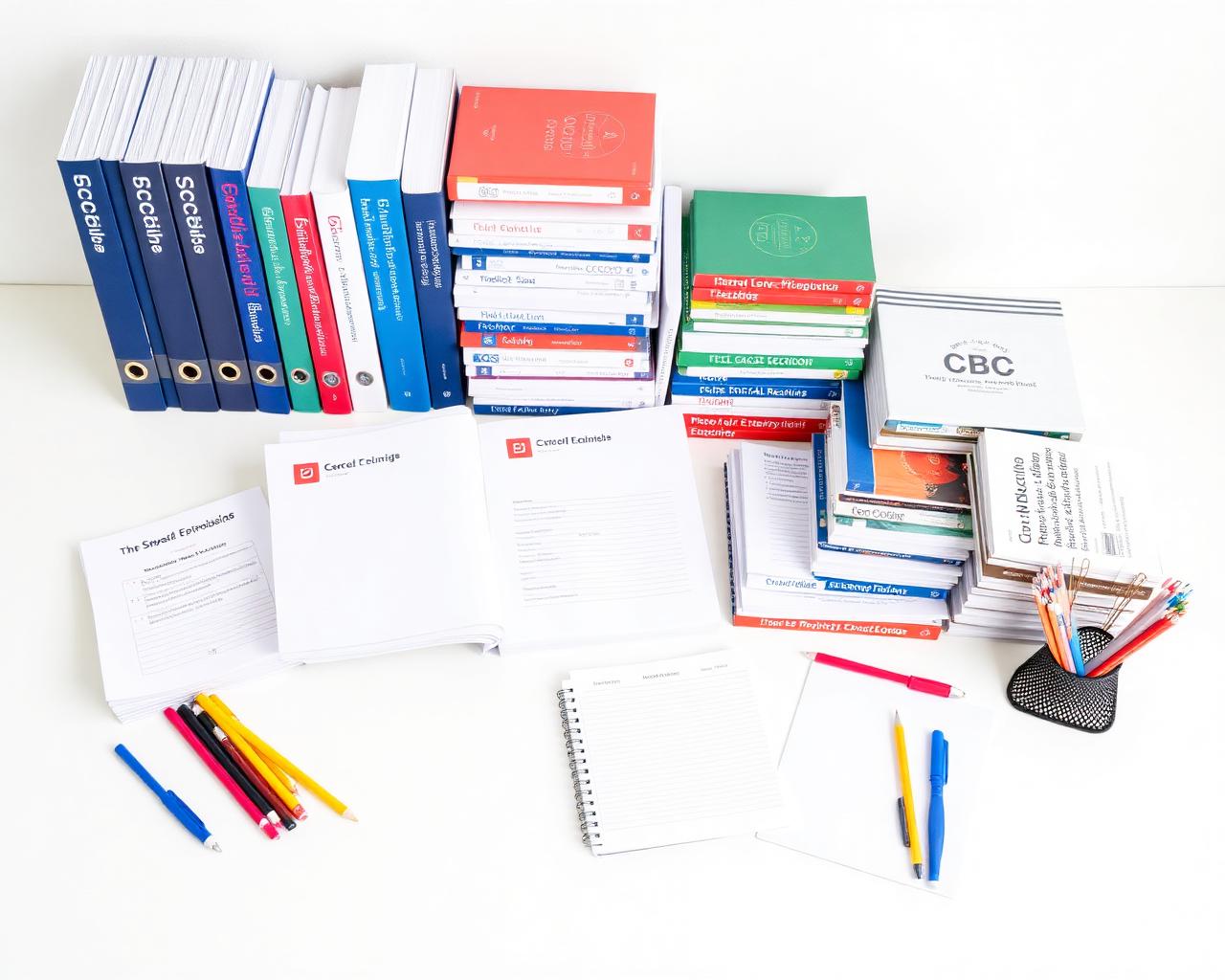 Textbooks, exercise books, CBC learning materials and stationery neatly arranged